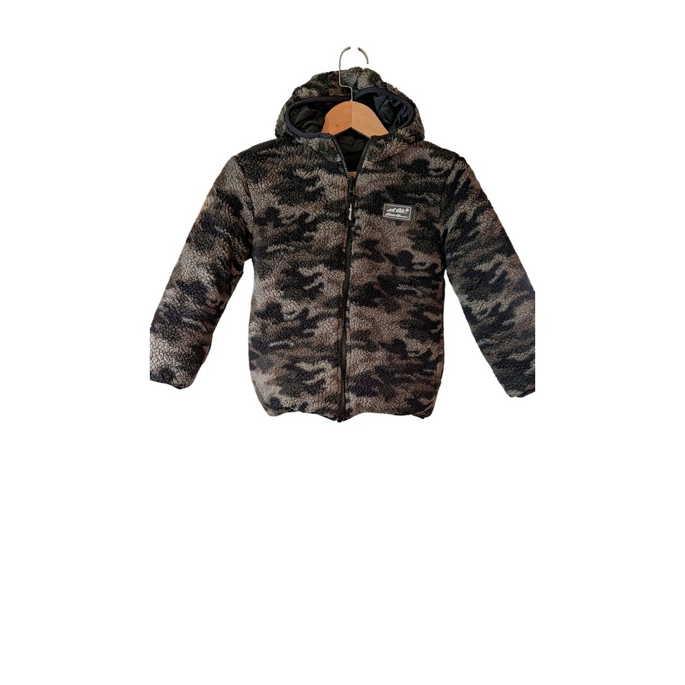 Eddie Bauer Kids Reversible Camo Fleece Black Puffer Jacket XS 5/6 Hooded